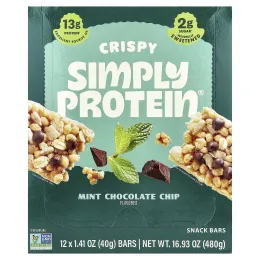 Simply Protein, хрустящие батончики-снеки, мята и шоколадная крошка, 12 батончиков по 40 г (1,41 унции)