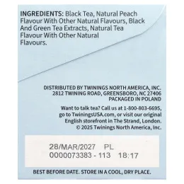 Twinings, холодный чай, черный чай, без подсластителей, персик, 20 порционных чайных пакетиков, 40 г (1,41 унции)