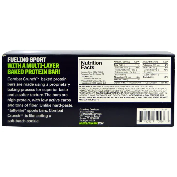 MusclePharm, Combat Crunch, Малина и белый шоколад, 12 батончиков, 2,22 унции (63 г) каждый