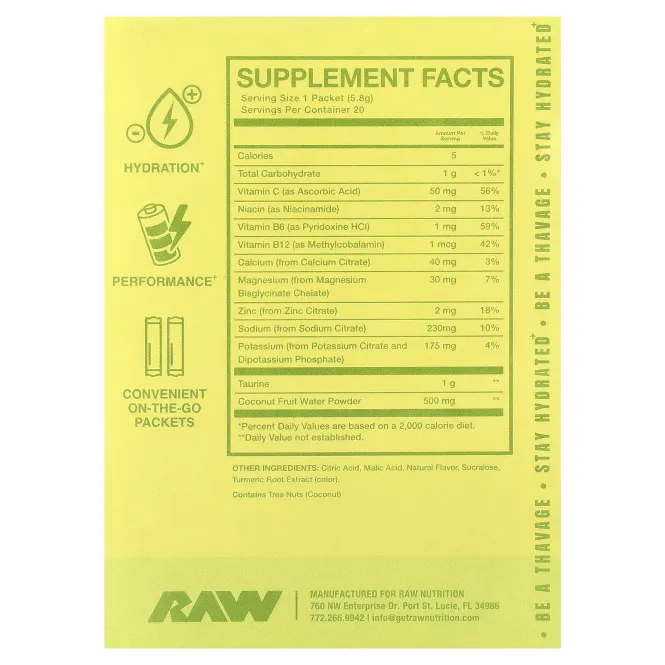 Raw Nutrition, Bum, для восполнения потери жидкости, электролитная формула, лимон и лайм, 20 пакетиков по 5,8 г (0,2 унции)