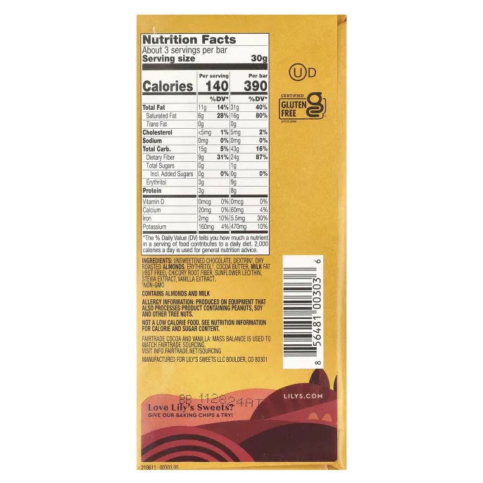 Lily's Sweets, Батончик темного шоколада 55% какао, миндаль, 85 г (3 унции)