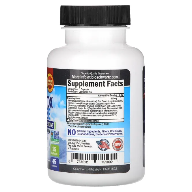 BioSchwartz, 15-дневное быстродействующее средство для выведения токсинов и очищения кишечника, усиленная формула, 45 растительных капсул