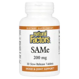 Natural Factors, SAM-e (S-аденозил-L-метионин), 200 мг, 30 желудочно-резистентных таблеток