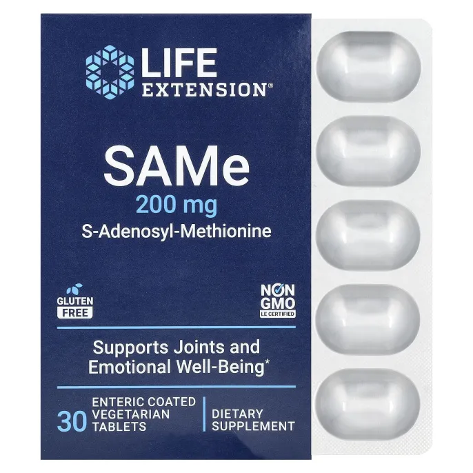 Life Extension, SAMe, S-аденозилметионин, 200 мг, 30 вегетарианских таблеток, покрытых кишечнорастворимой оболочкой