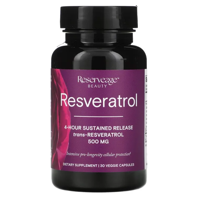 Reserveage Beauty, Ресвератрол, 4-часовое замедленное высвобождение, 500 мг, 30 растительных капсул