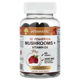 Vitamatic, 12 мощных грибов с витамином D3, натуральная малина и гранат, 60 жевательных таблеток