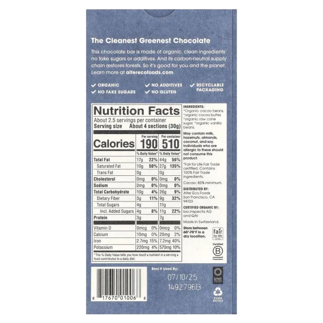 Alter Eco, органический темный шоколад, классический черный, 85% какао, 80 г (2,82 унции)