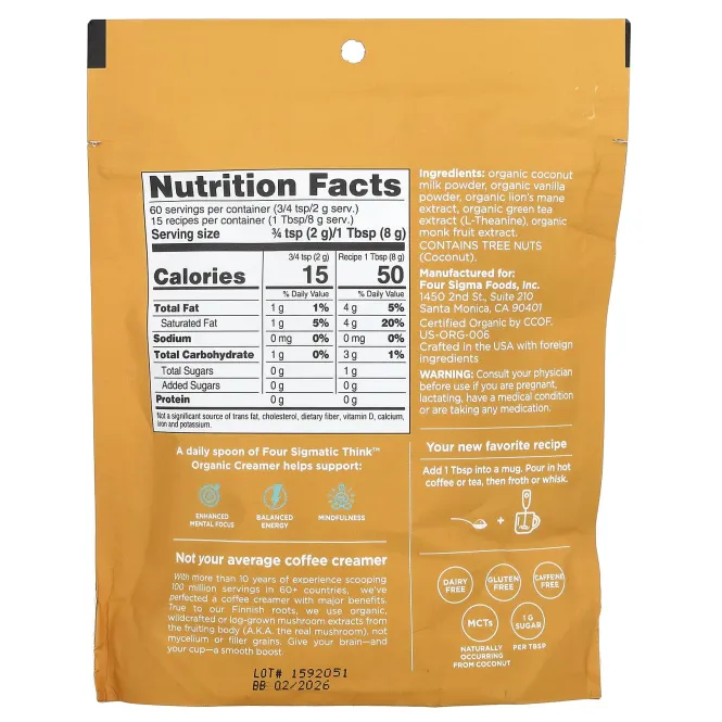 Four Sigmatic, Think Organic Creamer, без молочных продуктов, ваниль и кокос, 120 г (4,23 унции)
