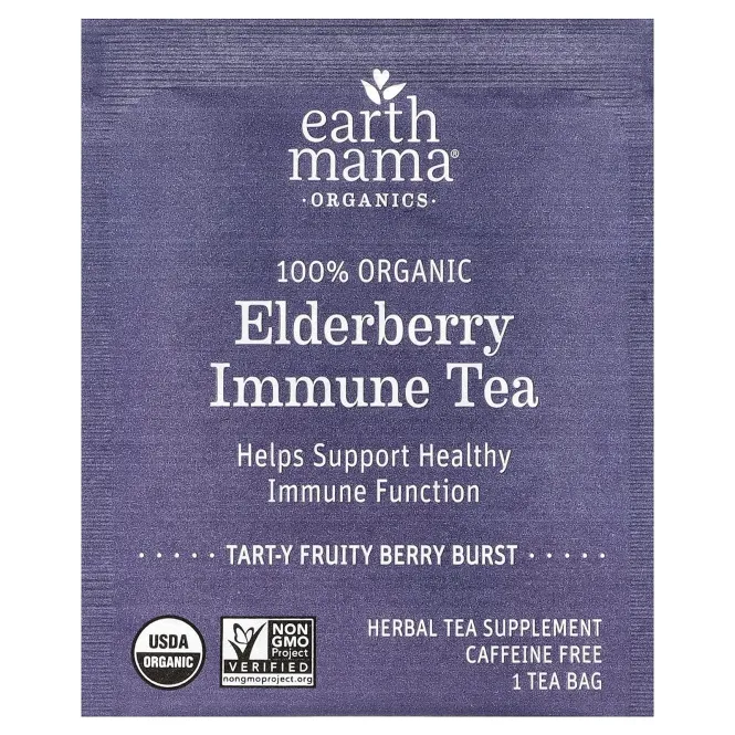Earth Mama, Organics, 100% чай из органической бузины для укрепления иммунитета, с фруктово-ягодным вкусом, без кофеина, 16 чайных пакетиков, 28 г (0,98 унции)