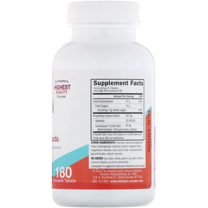 Houston Enzymes, No-Fenol, жевательная мультиферментная добавка, 180 жевательных таблеток