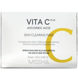 Missha, Vita C Plus Ascorbic Acid, Салфетки для очищения кожи, 60 подушечек