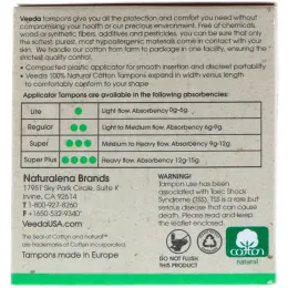 Veeda, 100% Natural Cotton Tampon with Plastic Applicator, Regular, 16 Tampons