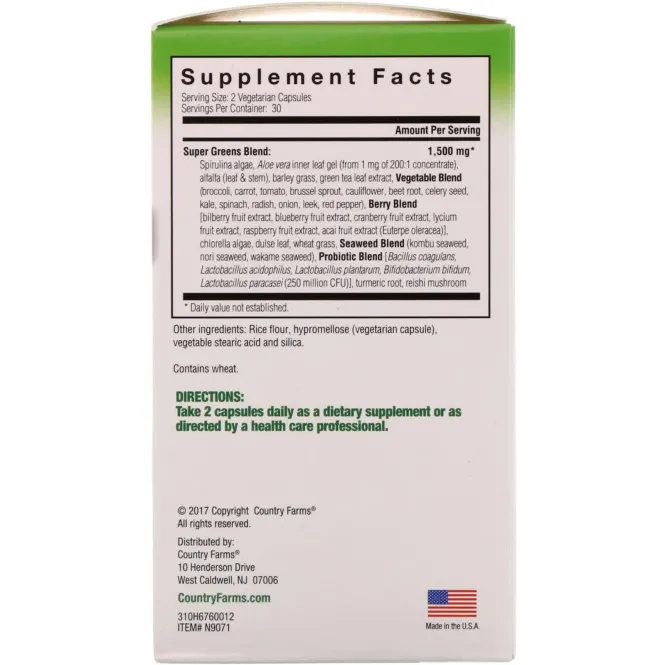 Country Farms, Super Greens, Whole Food Supplement, 60 Vegetable Capsules