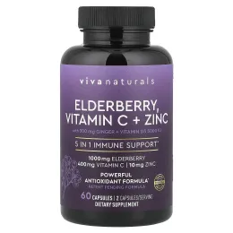 Viva Naturals, бузина, витамин C, цинк и имбирь, 60 капсул