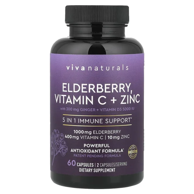 Viva Naturals, бузина, витамин C, цинк и имбирь, 60 капсул