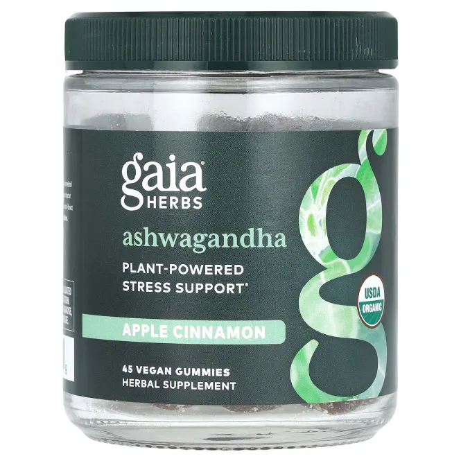 Gaia Herbs, ашваганда, со вкусом яблока и корицы, 45 веганских жевательных мармеладок