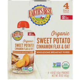 Earth's Best, Organic Sweet Potato, Cinnamon Flax & Oat, Wholesome Breakfast Puree, 6+ Months, 4 Pouches, 4.0 oz (113 g) Each