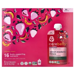 Cerebelly, смузи, органическое пюре без молочных продуктов, для детей от 6 месяцев, шпинат, клубника и банан, 6 паучей по 113 г (4 унции)