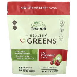 Terra Origin, Healthy Greens, киви и клубника, 15 пакетиков On the Go, 10,52 г (0,37 унции) каждый