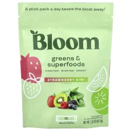 Bloom, зелень и суперфуды, клубника и киви, 15 пакетиков по 6,05 г (0,21 унции)