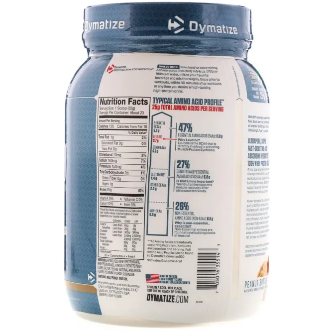 Dymatize Nutrition, ISO 100 Hydrolyzed, 100% изолят сывороточного протеина, арахисовое масло, 25,6 унций (725 г)