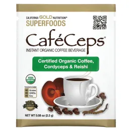 California Gold Nutrition, CafeCeps, сертифицированный органический растворимый кофе с кордицепсом и грибами рейши, 30 пакетиков, 2,2 г (0,08 унции)