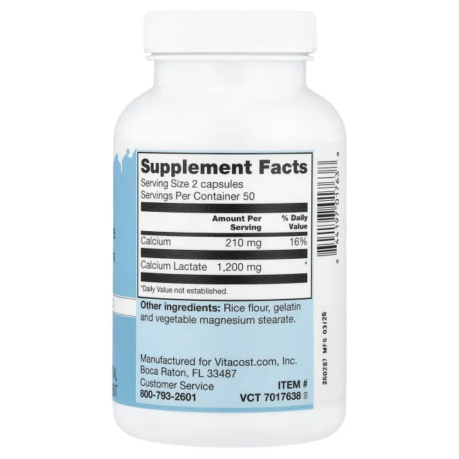 Vitacost, Everyday Essentials, Calcium Lactate, 100 Capsules (600 mg per Capsule)