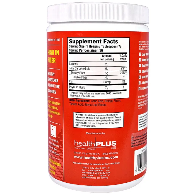 Health Plus, "Чистка кишечника с ежедневными волокнами", средство для чистки толстого кишечника с пищевыми волокнами и освежающим апельсиновым вкусом, 9 унций (255 г)