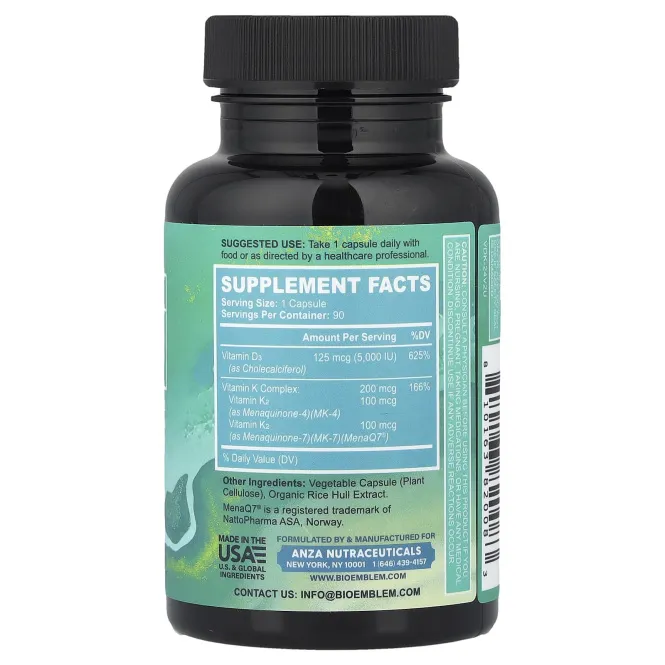 BioEmblem, витамины D3 и К2, 90 растительных капсул