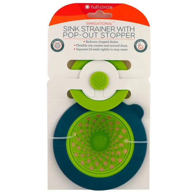 Full Circle, Sinksationational, Sink Strainer with Pop-Out Stopper, Green & Slate