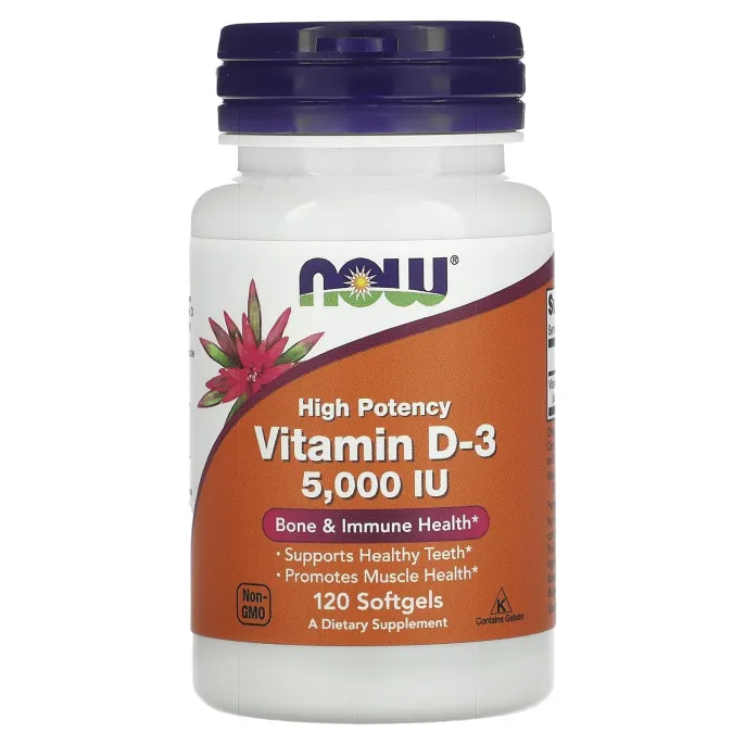 Now Foods, Витамин D3, высокоактивный, 5000 МЕ, 120 желатиновых капсул