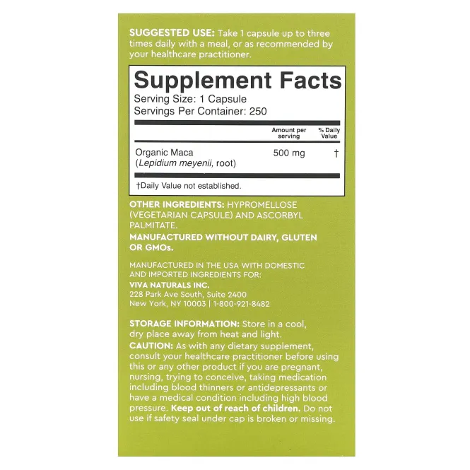 Viva Naturals, Peruvian Maca Gelatinized , 500 mg , 250 Veggie Capsules