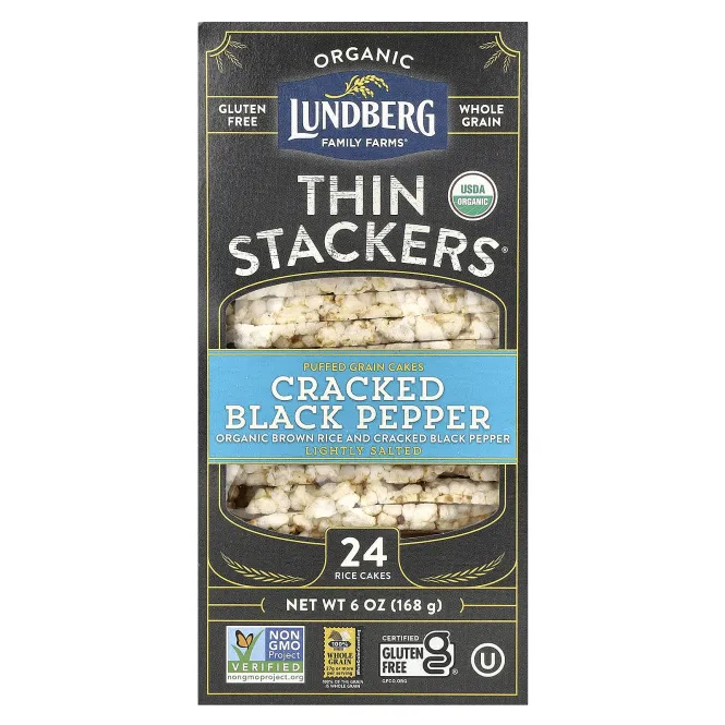 Lundberg, Organic Thin Stackers, воздушные пирожные, черный перец с мелкой солью, с легкой солью, 24 рисовых кекса, 168 г (6 унций)
