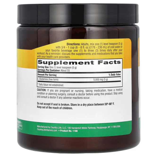 Country Life, Чистый порошковый глютамин, 5000 мг, 275 г