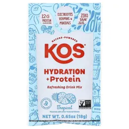 KOS, Hydration + Protein, освежающая смесь для напитков, тропические фрукты, 7 пакетиков по 18 г (0,65 унции)