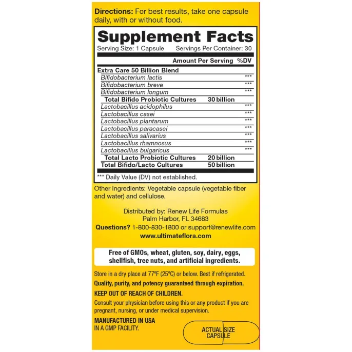 Renew Life, Ultimate Flora, Extra Care Probiotic, 50 Billion Live Cultures , 30 Vegetable Capsules