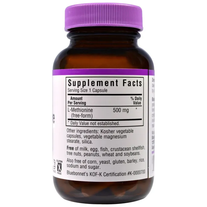 Bluebonnet Nutrition, L-метионин, 500 мг, 30 капсул в растительной оболочке