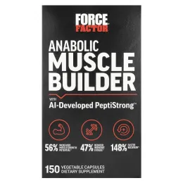 Force Factor, средство для наращивания мышечной массы с разработанным искусственным интеллектом PeptiStrong, 150 растительных капсул