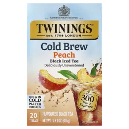 Twinings, холодный чай, черный чай, без подсластителей, персик, 20 порционных чайных пакетиков, 40 г (1,41 унции)
