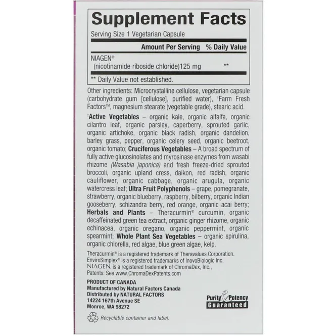 Natural Factors, BioCoenzymated, B3, Никотинамидрибозид, 125 мг, 30 вегетарианских капсул