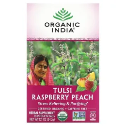 Organic India, Tulsi, Raspberry Peach, Caffeine Free, 18 Infusion Bags, 1.21 oz (34.2 g)