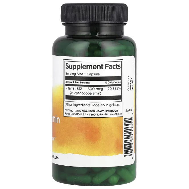 Swanson, Витамин B12 (цианокобаламин), 500 мкг, 250 капсул