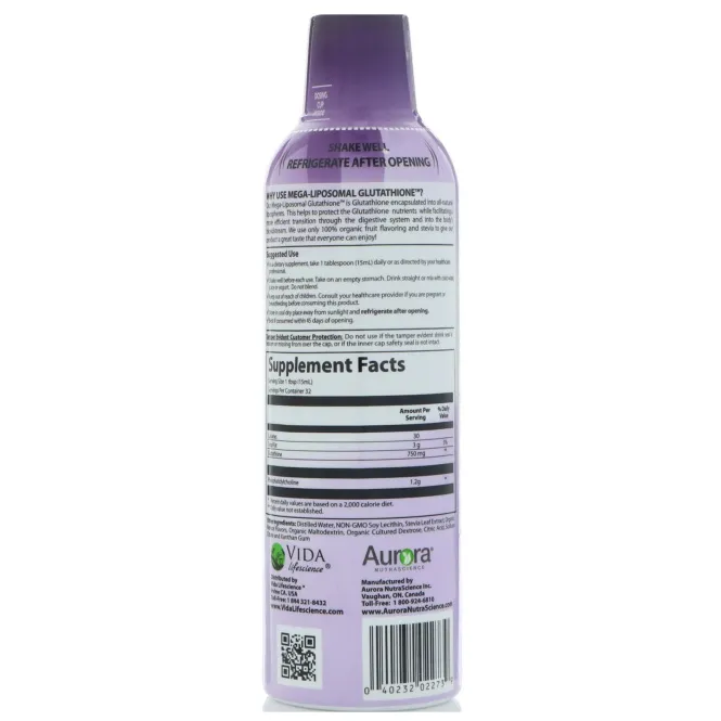 Aurora Nutrascience, Мегалипосомальный глутатион, органический фруктовый вкус, 750 мг, 16 ж. унц. (480 мл)
