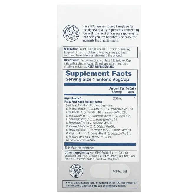 Solaray, Пробиотик Mycrobiome - Пре- и послеродовой 25 миллиардов живых культур 30 вег капсул
