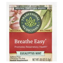 Traditional Medicinals, Breathe Easy, эвкалипт и мята, без кофеина, 16 чайных пакетиков в упаковке, 24 г (0,85 унции)