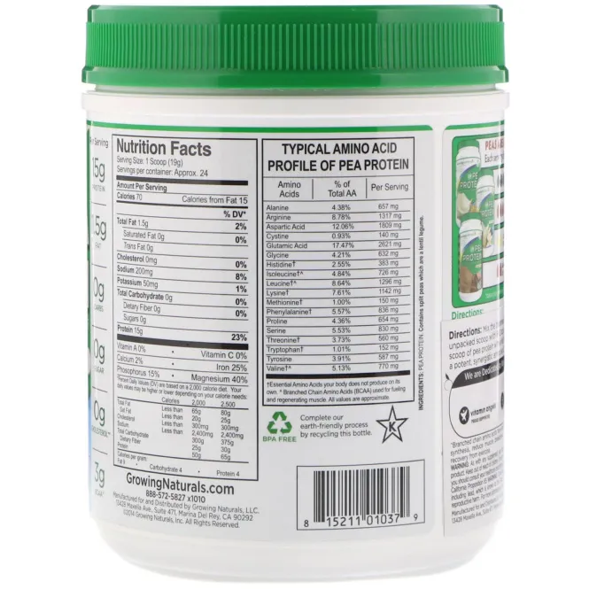 Growing Naturals, Pea Protein, Original, 1 lb (456 g)