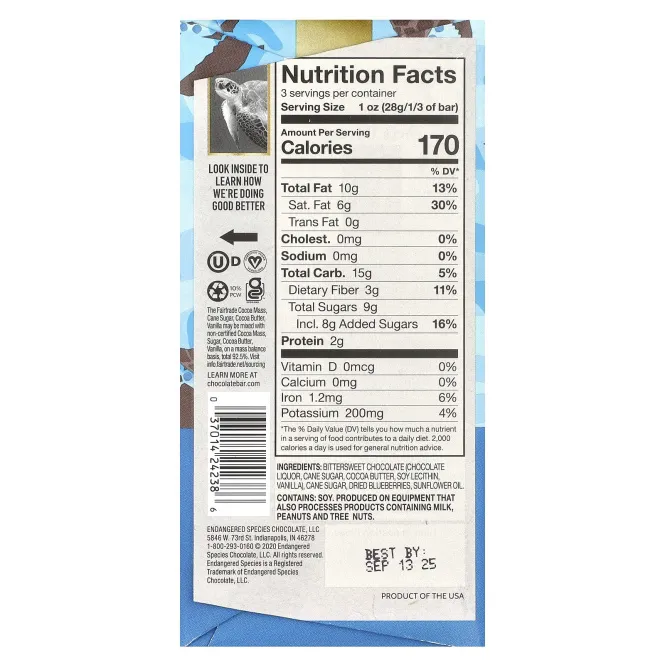 Endangered Species Chocolate, голубика в черном шоколаде, 72 % какао, 85 г (3 унций)