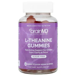 BrainMD, Жевательные мармеладки с L-теанином, ягодные, 60 веганских жевательных мармеладок (100 мг в 1 жевательной мармеладке)