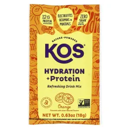 KOS, Hydration + Protein, освежающая смесь для напитков, апельсин, 7 пакетиков по 18 г (0,65 унции)