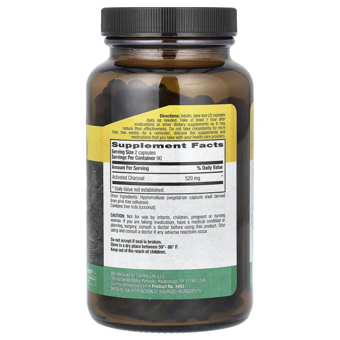 Country Life, Активированный уголь, 260 мг, 180 капсул